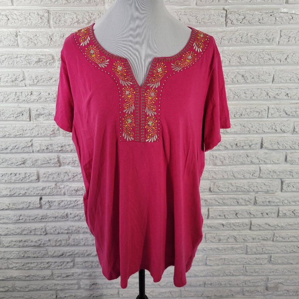Croft & Barrow Women's 2X Tee Pink Paisley Embroidered Beaded E3E